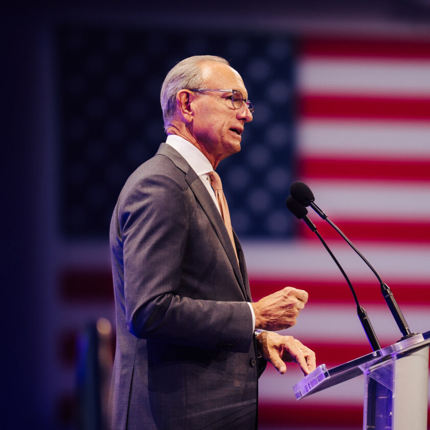 Dick DeVos speaks at the West Michigan Aviation Academy Gala.